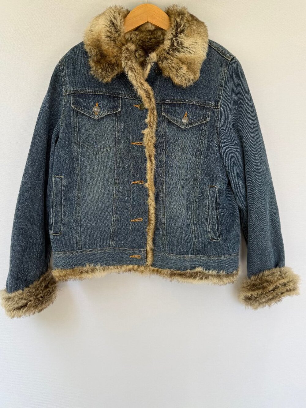 Fabio Jean Jacket Faux Fur Trim Denim Boho Coat, Y2K, Medium, NWOT